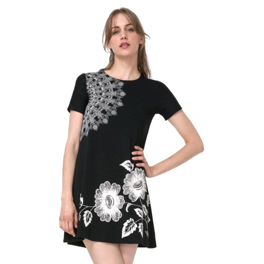 Desigual Short Sleeve Floral Printed Dress Black White Small